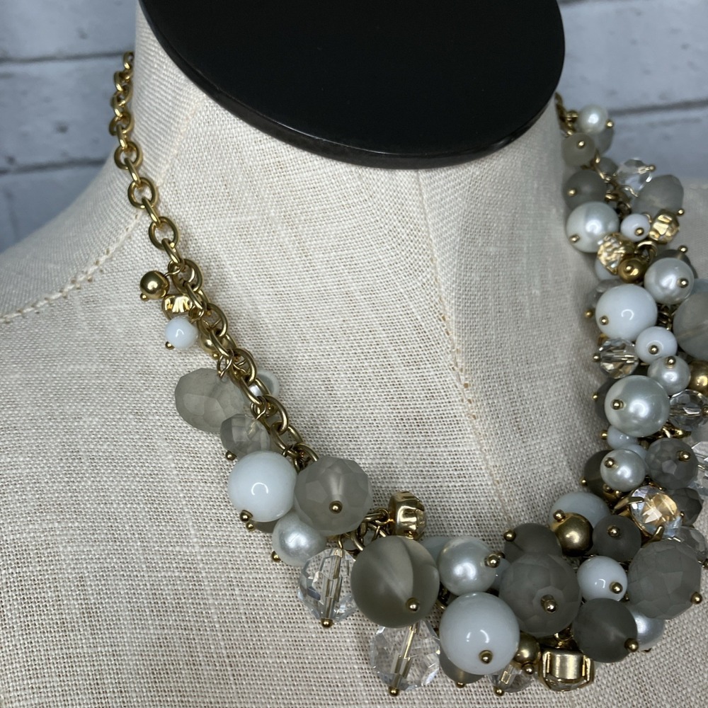 Banana Republic Statement Necklace White Beaded Rhinestone Gold Tone